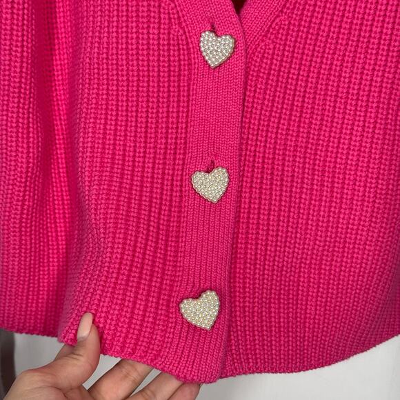 525 America Cardigan Sweater Size Med Pink Colorblock Knit Pearl Heart Buttons - Picture 8 of 10